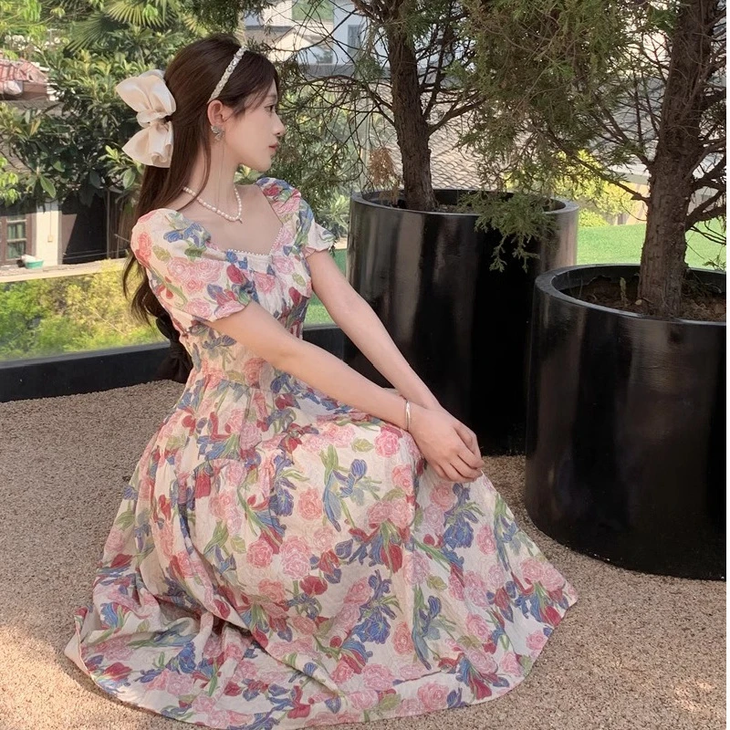 YH-63840大码女装胖mm一字领茶歇收腰碎花连衣裙女2025夏季新款