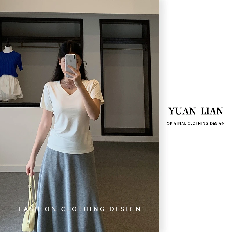 ZOZ糕冷圆脸[核心T]V领修身短袖T恤韩系正肩显瘦休闲百搭时尚上衣