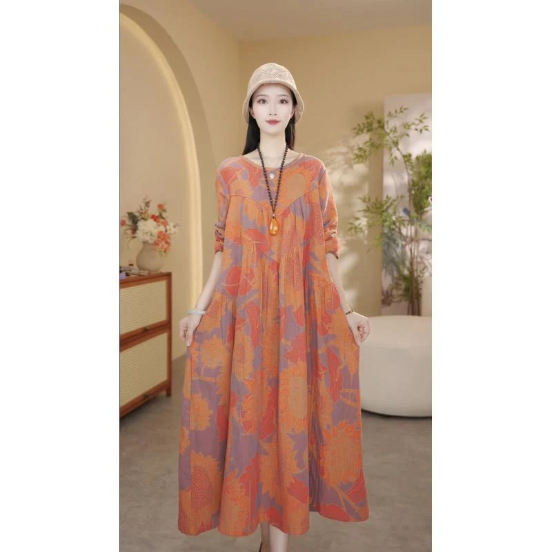 [橘底太阳花]2025秋季新款长袖时尚气质宽松大码休闲连衣裙女