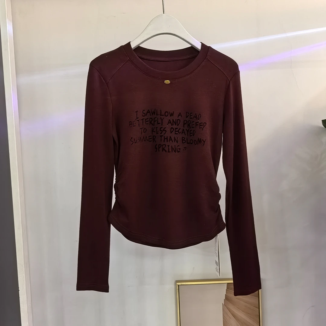 可依莱法式长袖印花T恤修身打底衫短款显瘦运动秋季DD4Q0107