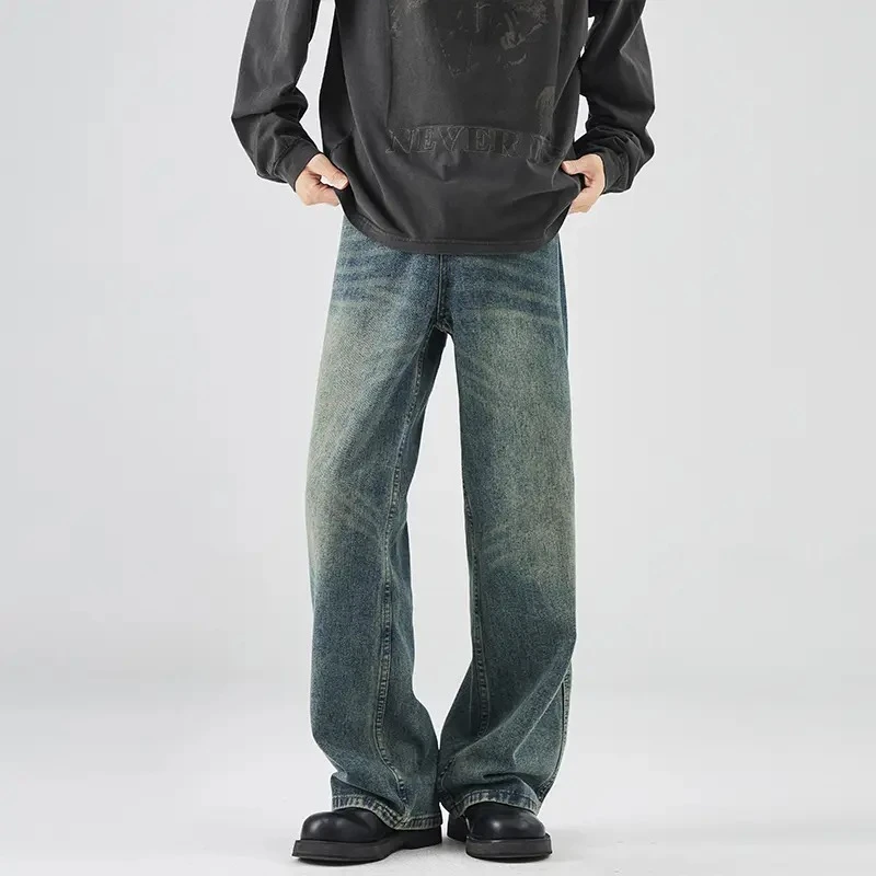 牛仔裤男女潮牌cleanfit宽松直筒百搭拖地裤子弯刀蓝色潮男款