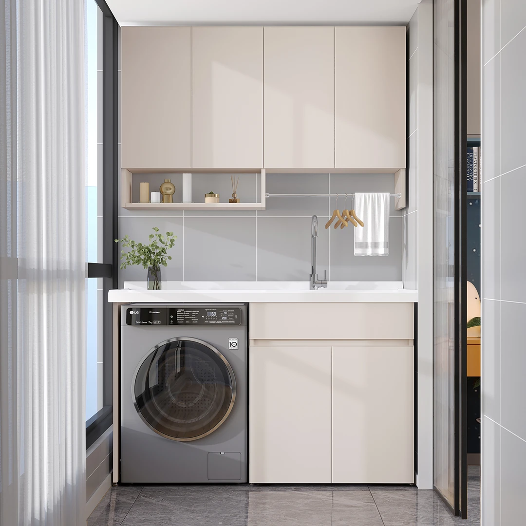 蜂窝铝阳台洗衣机柜一体柜组合洗衣柜滚筒伴侣洗衣池台盆定制切角