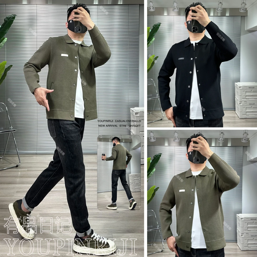 新款潮牌翻领夹克外套重磅弹力针织棉修身百搭休闲潮流男装25