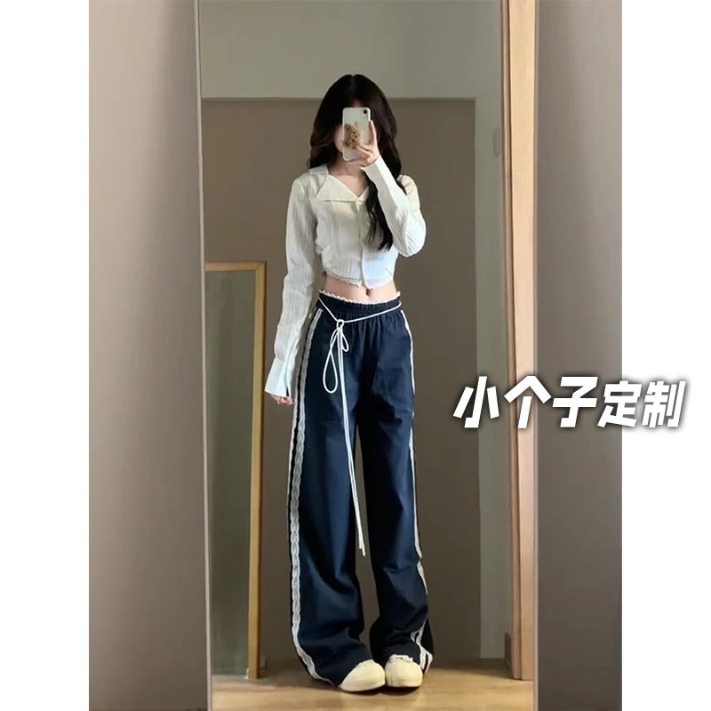 150小矮个子美式拼接条纹工装裤女春短款法式衬衣高腰休闲运动裤