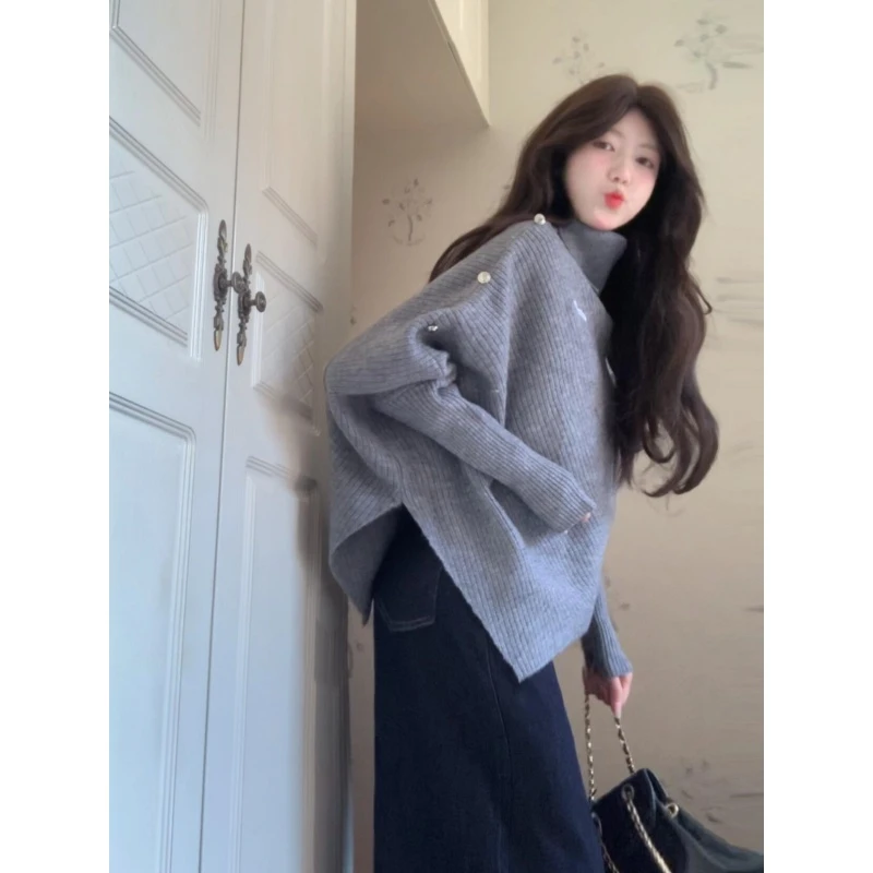 MARIE.COCO韩系设计感不规则高领毛衣女秋冬新款慵懒风阔腿裤套装