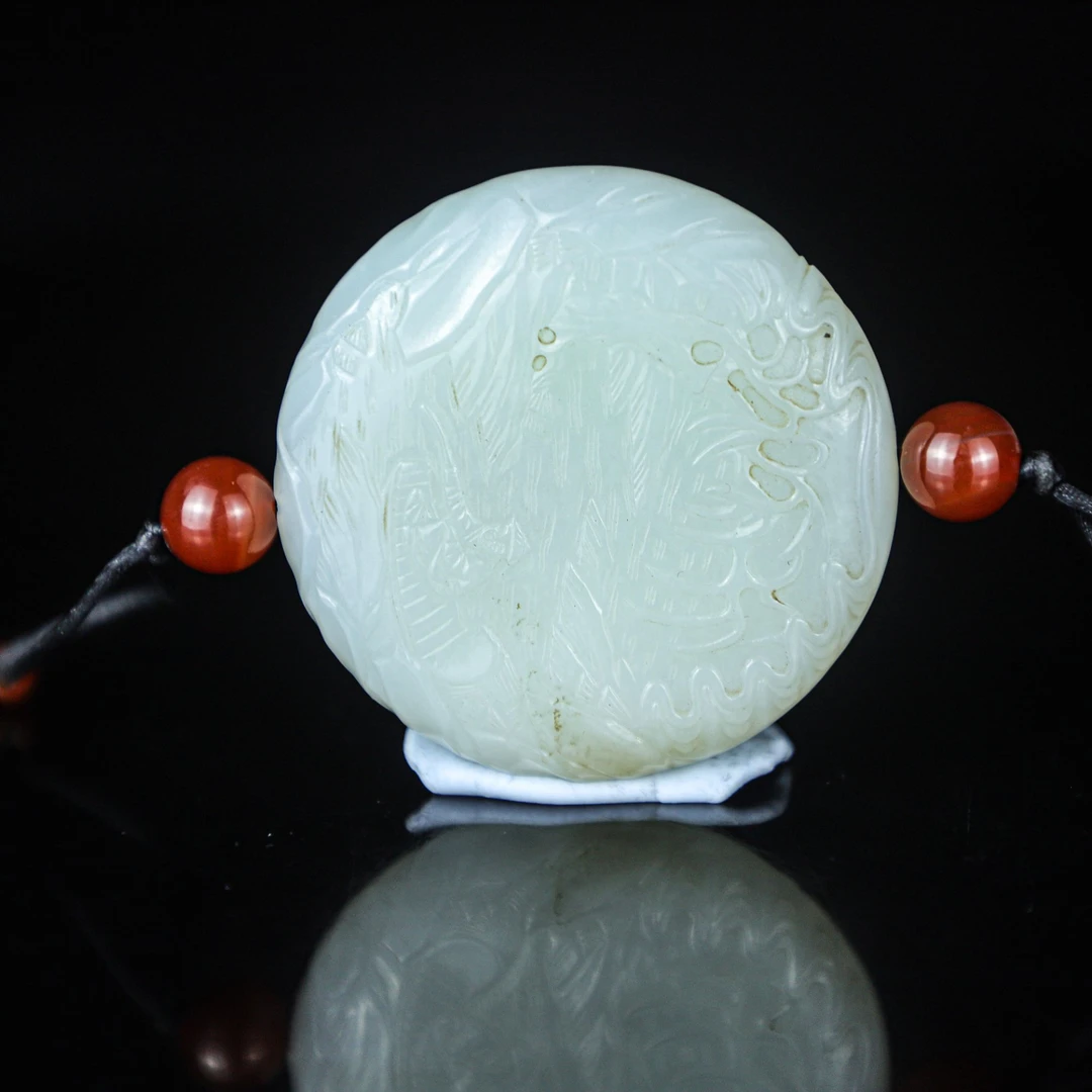 TCWWA10018清晚和田白玉山水人物子岗牌