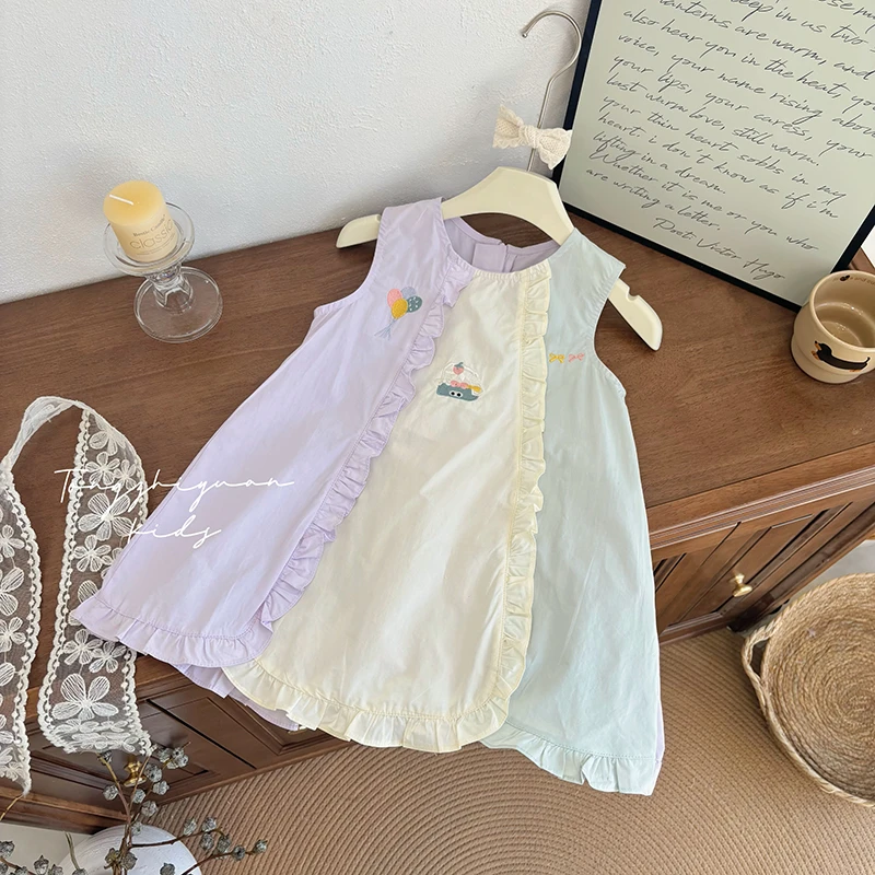 韩版女童拼接木耳边连衣裙时尚设计感裙子儿童拼色爆款公主裙潮