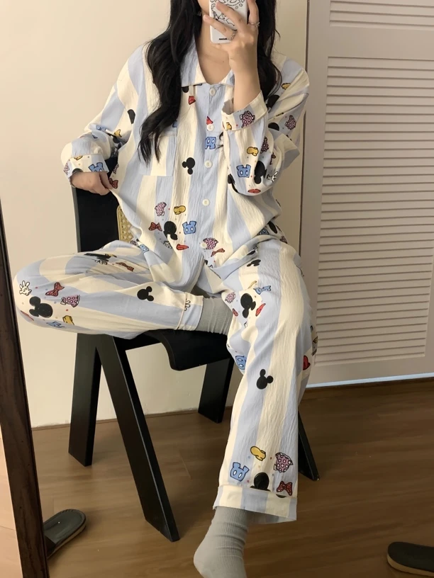春季网红爆款薄款云朵棉米奇睡衣长袖长裤家居服套装大码胖mm宽松