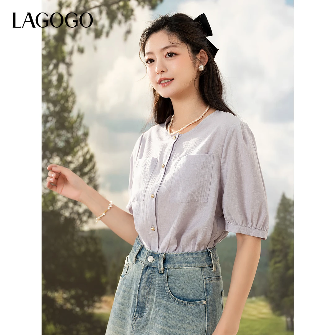 lagogo拉谷谷2025年新款温柔圆领法式显白衬衫女OACC233G20