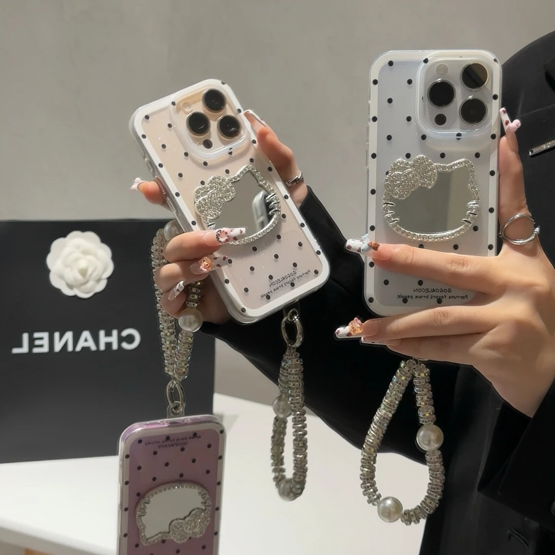ins波点闪钻kitty镜子链条适用iPhone16/15闪粉13苹果14手机壳12