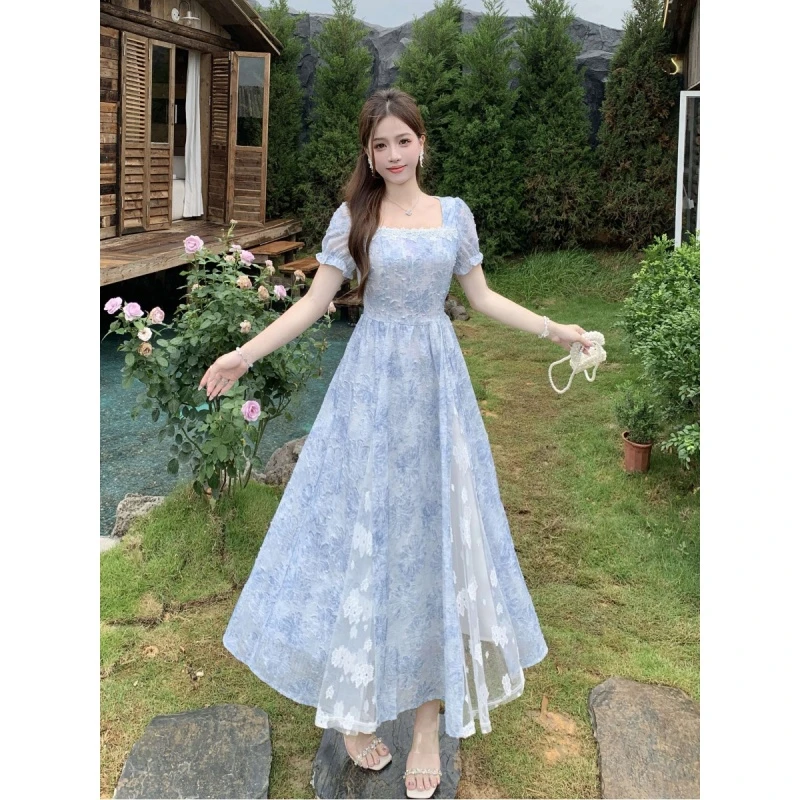 2025夏大码胖妹妹女装新款法式收腰百搭显瘦立体印花A字摆连衣裙