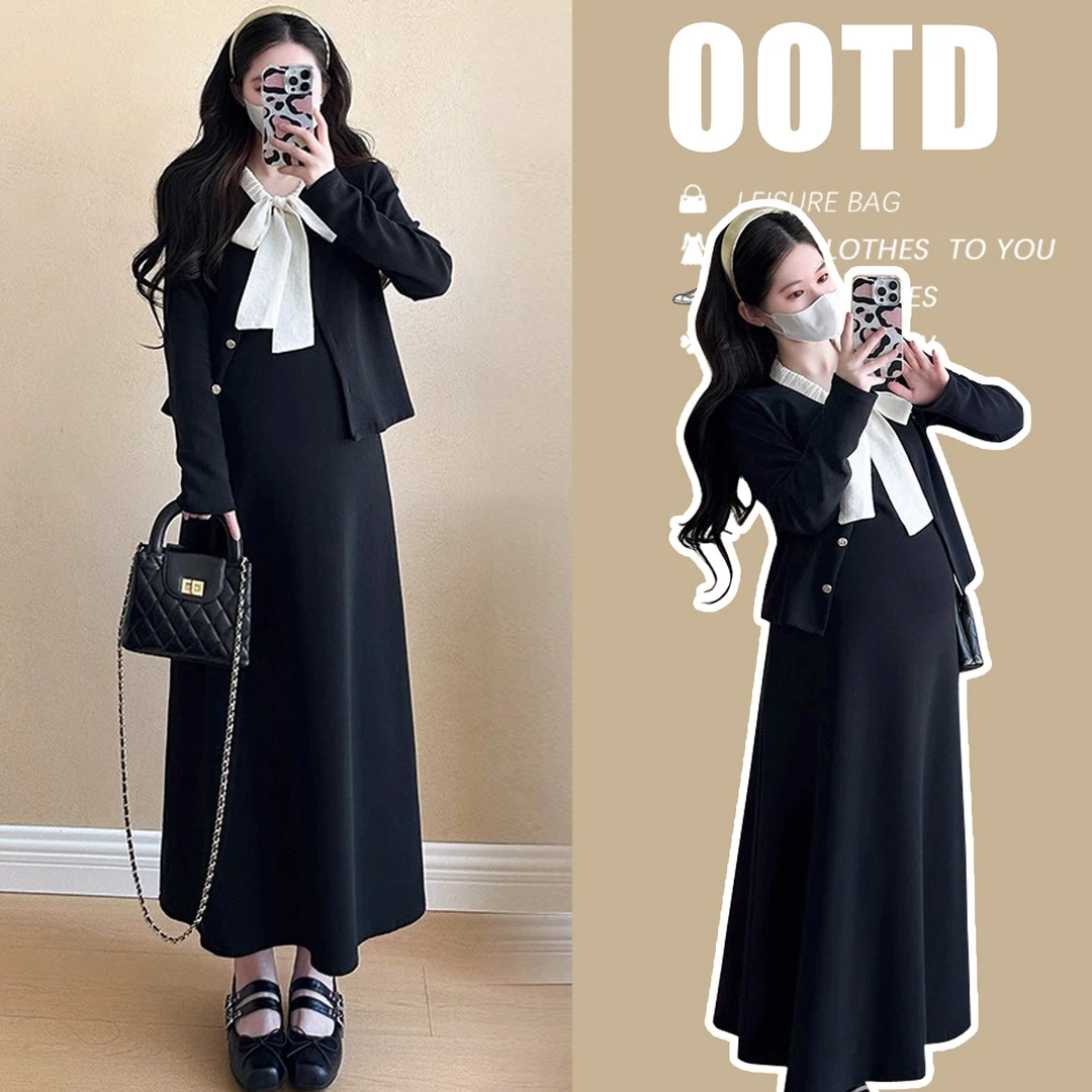 孕妇秋装连衣裙高级感2025新款上衣外套吊带裙黑色两件套装秋冬季