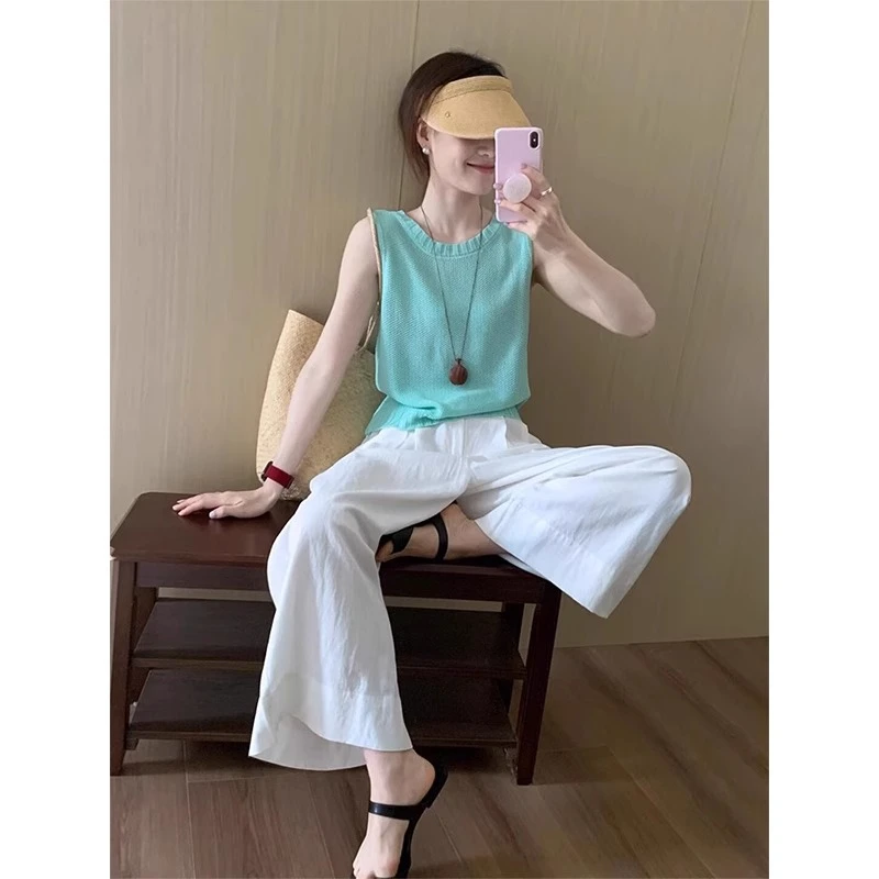 韩系薄荷绿色无袖上衣简约白色阔腿裤两件套清纯系夏装百搭时尚