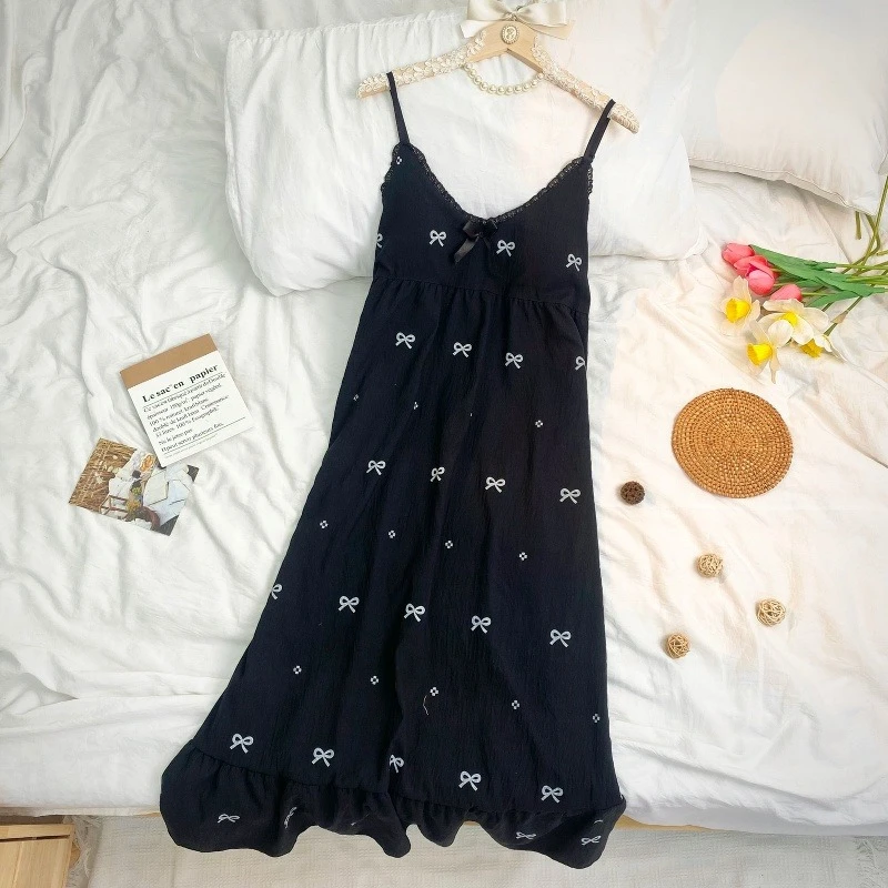 【带胸垫】新款黑蝴蝶结睡裙女款睡衣夏季可外穿居家服吊带裙爆款