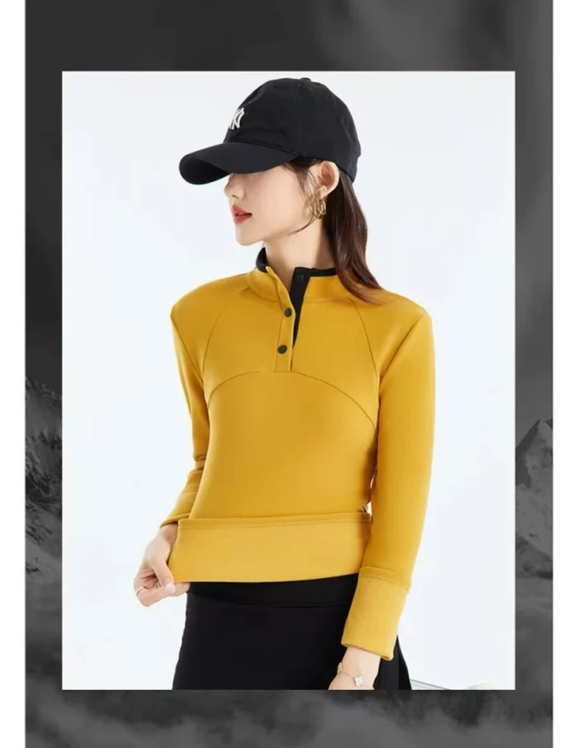 WS10004驼绒桑蚕丝纽扣撞色打底衫秋冬加绒加厚立领百搭显瘦外套