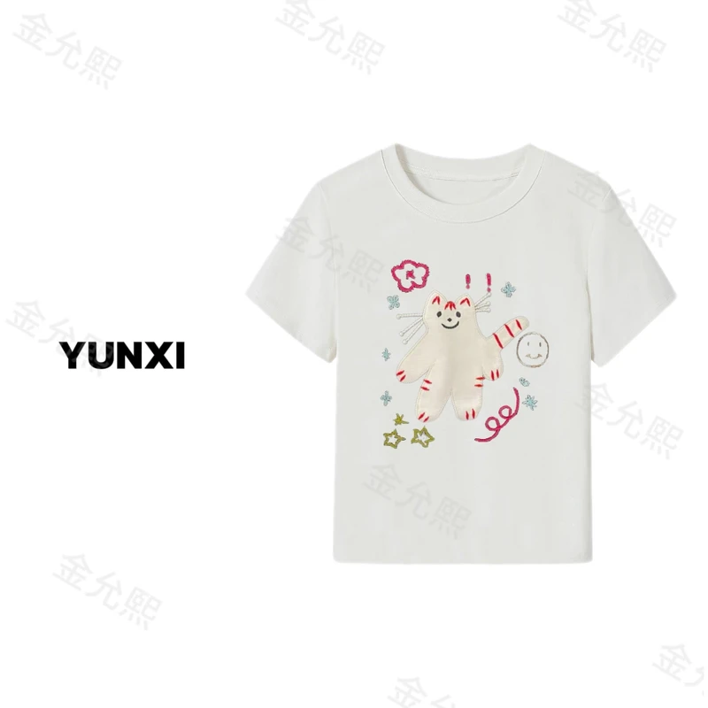【猫咪刺绣】2025新款夏季韩版重工卡通猫咪字母刺绣T恤百搭上衣