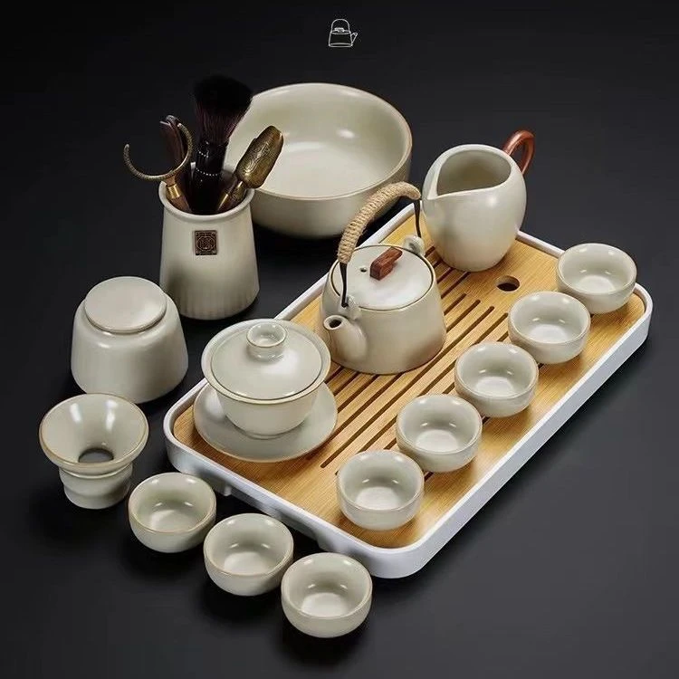 汝窑功夫茶具套装轻奢高档中式家用陶瓷盖碗茶杯泡茶壶礼品礼茶具