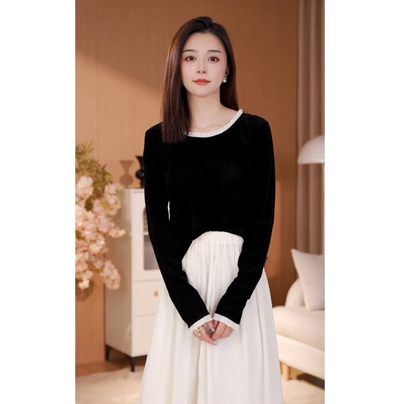 乔乔儿定制【夜色如歌】木耳边新款长袖T恤女黑色休闲简约丝绒上衣