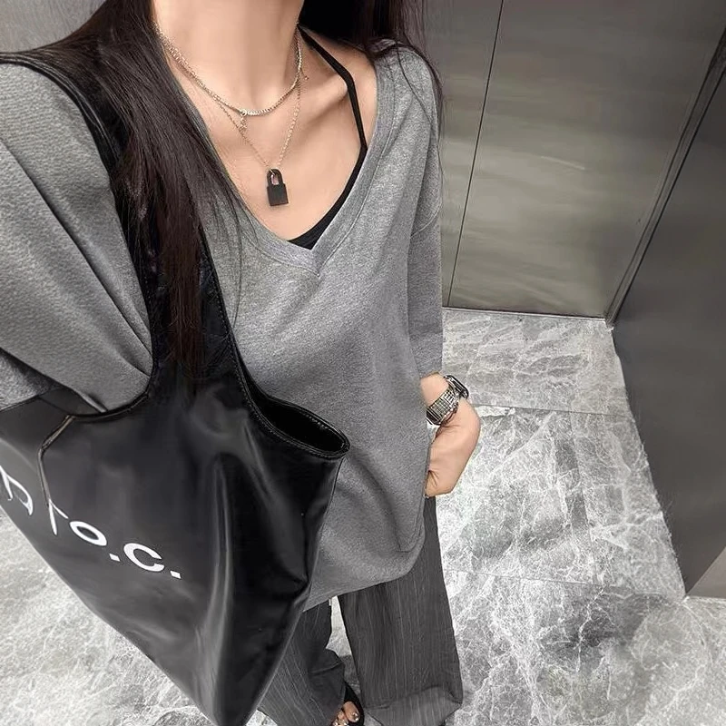 短袖女夏季半袖纯色上衣基础款大v领宽松显瘦百搭正肩面料T恤女