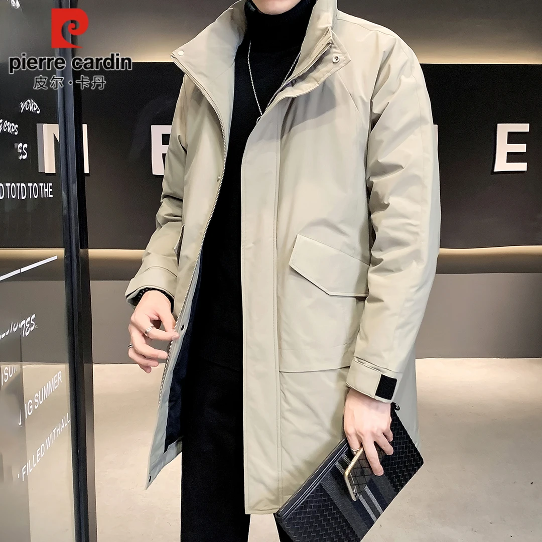 皮尔卡丹冬季羽绒服男士中长款高端工装大衣潮流卡其保暖休闲外套