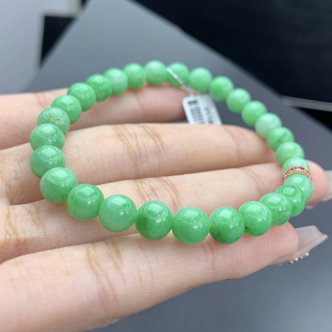 缅甸A货翡翠老种老料绿色圆珠手链手串T/6.7mm