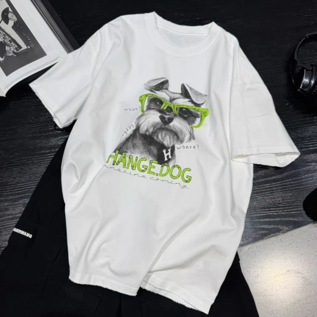 春夏潮流休闲爆款眼镜小狗圆领短袖大版t恤