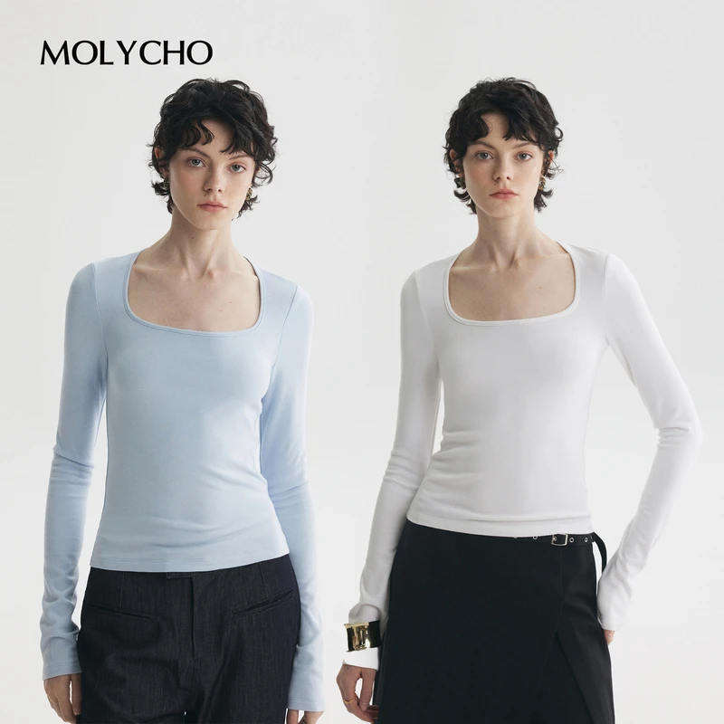 MOLYCHO｜强推B入_百搭白色方领长袖T恤女/修身显瘦打底衫上衣秋