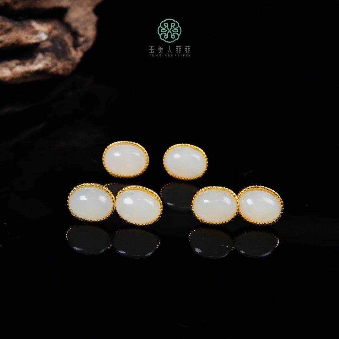 菲菲珠宝好~和田玉蛋面耳钉约6*8mm-多样性发一