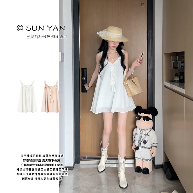 孙妍夏款【梨涡浅调】甜美减龄感V领木耳边无袖宽松娃娃裙连衣裙