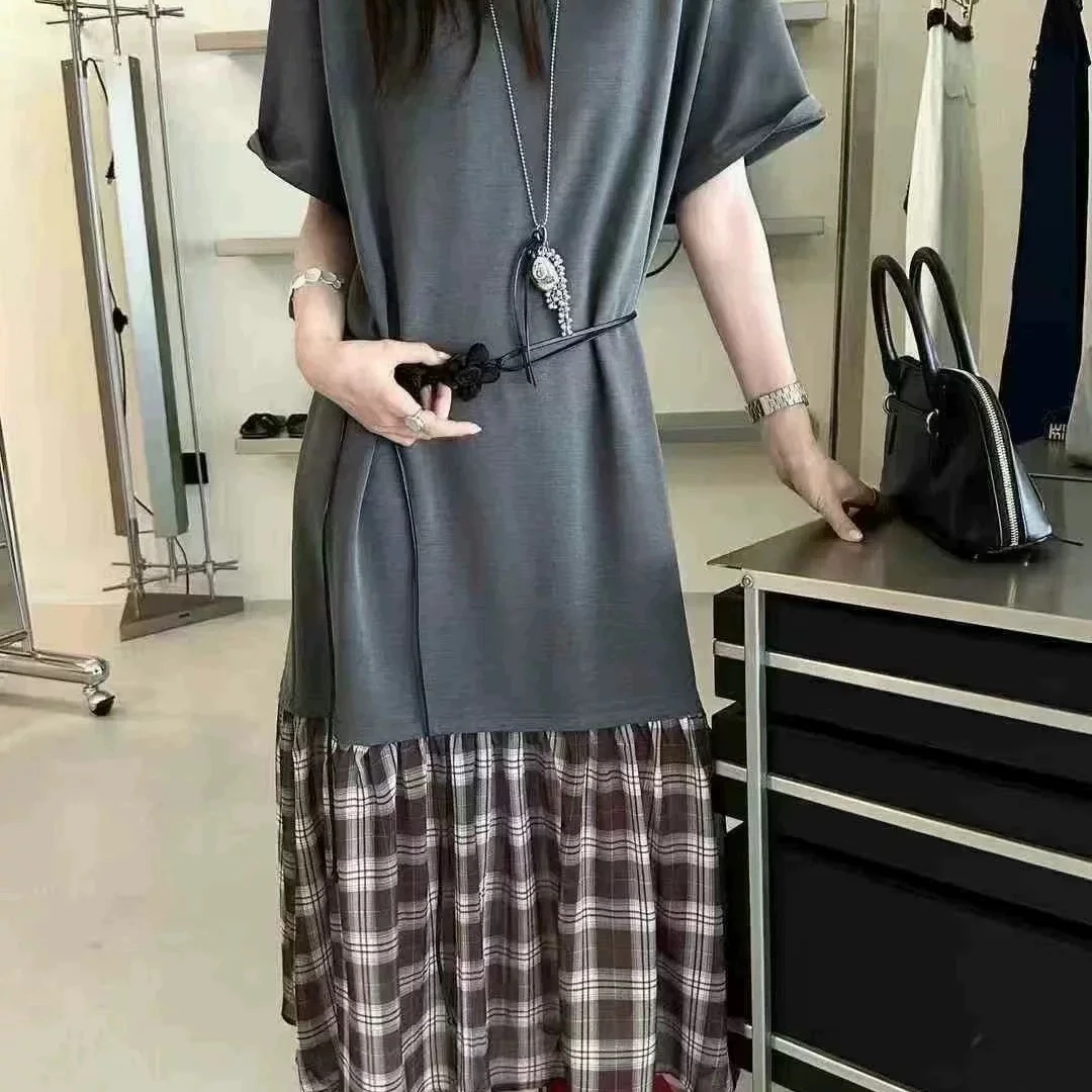 欧货花朵腰带格子拼接连衣裙9827