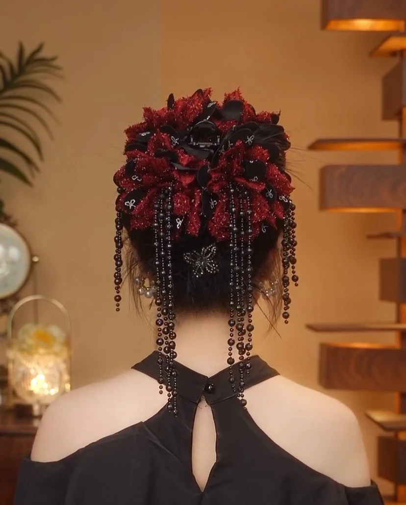 泊瑞雅原创设计高定流苏花朵抓夹后脑勺鲨鱼夹