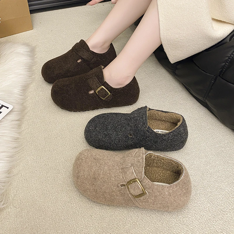 2025年秋冬森系复古毛毡丑萌圆头皮带扣加绒勃肯鞋秋冬保暖棉鞋女