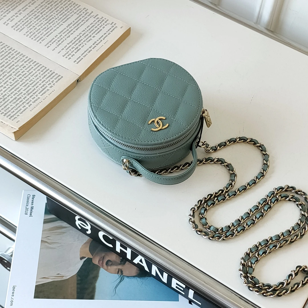 95新 Chanel/香奈儿 Azul-绿色荔枝纹牛皮圆饼手提单肩包/46006