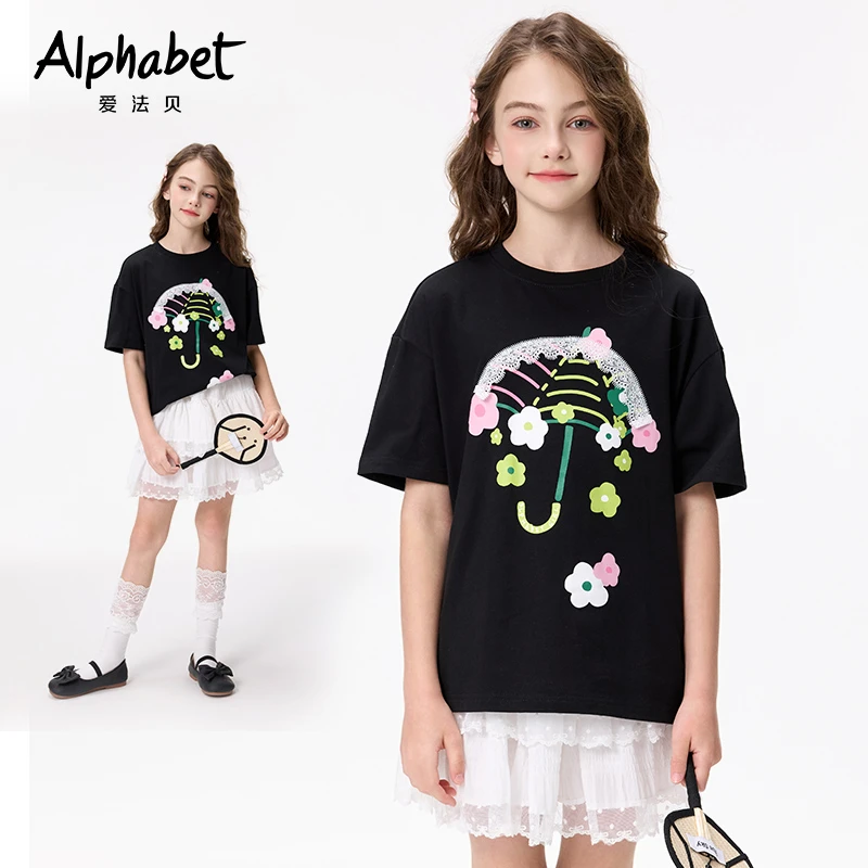 2025新款爱法贝少女风女夏季短袖卡通印花T恤半袖圆领印花潮流