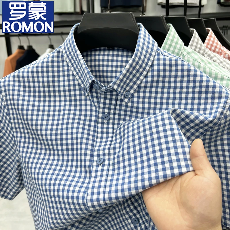 罗蒙夏季衬衫短袖男士莱赛尔棉半袖时尚格子休闲百搭衬衣男款寸衫