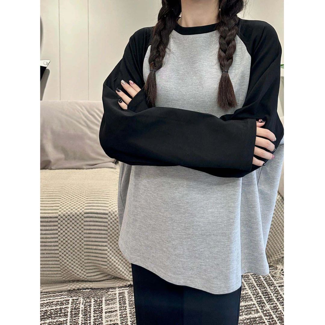 极简潮牌新款美式复古拼色长袖纯棉t恤女春秋季宽松插肩上衣ins潮