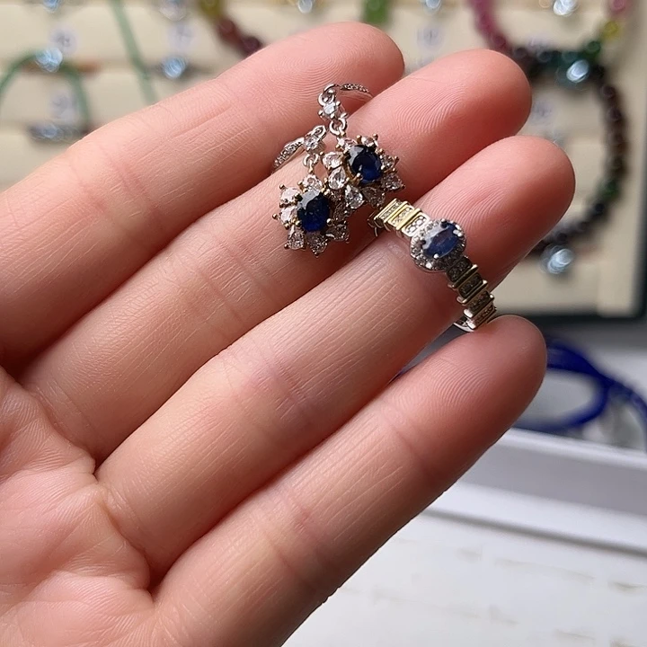 蓝宝石耳饰银S925镶嵌