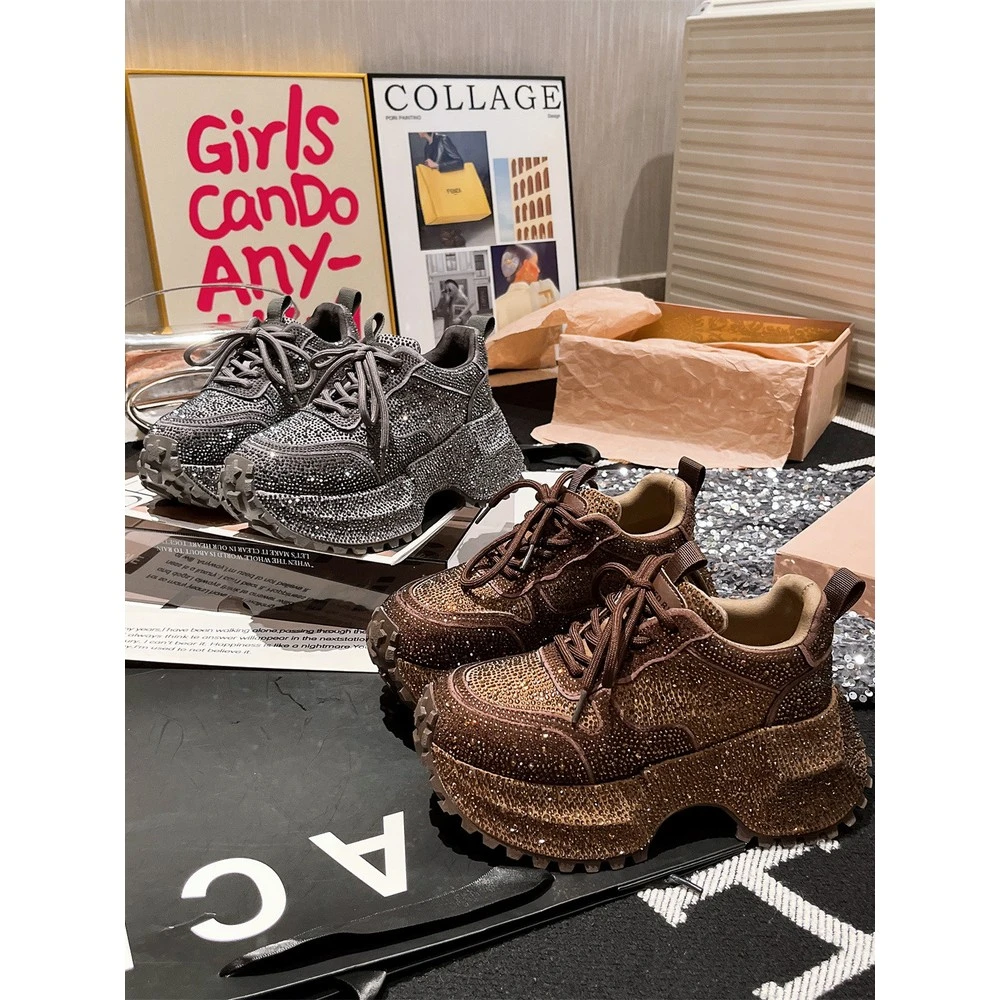 欧货满钻水钻老爹鞋女2025秋冬新款厚底松糕鞋显脚小满钻休闲鞋潮