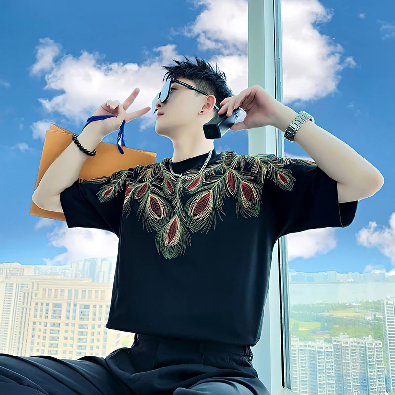 男士短袖t恤夏季新款网红洋气炸街男装衣服半袖羽毛刺绣潮牌体恤