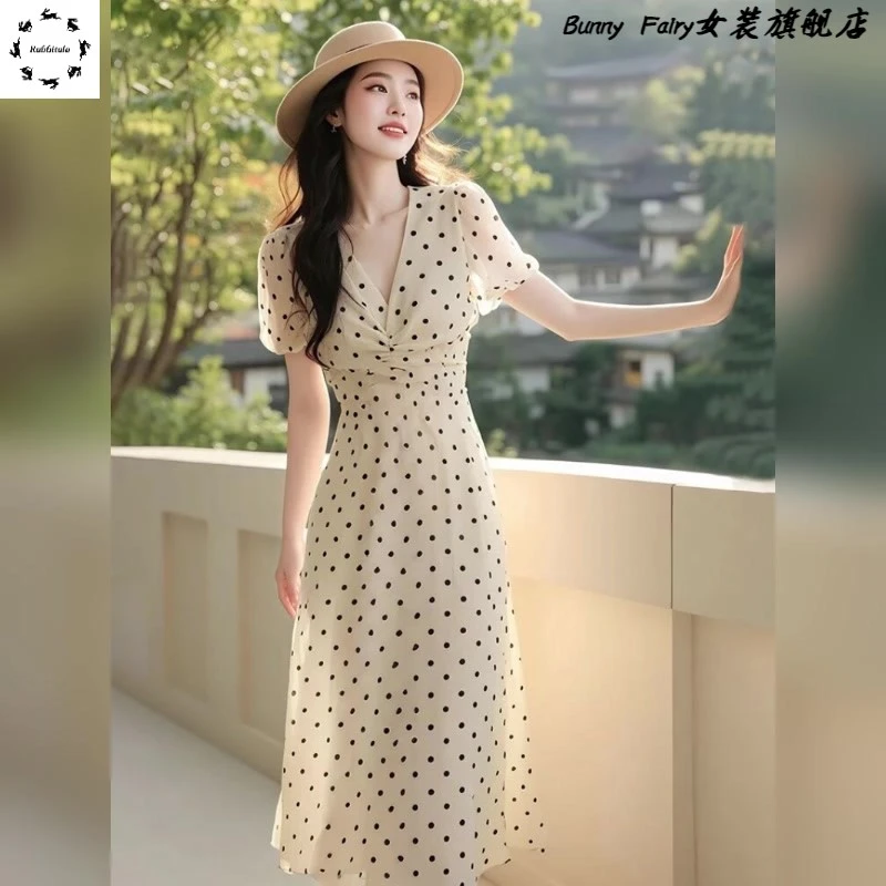 优雅温柔复古法式连衣裙女夏新款甜美短袖收腰长款气质波点雪纺裙