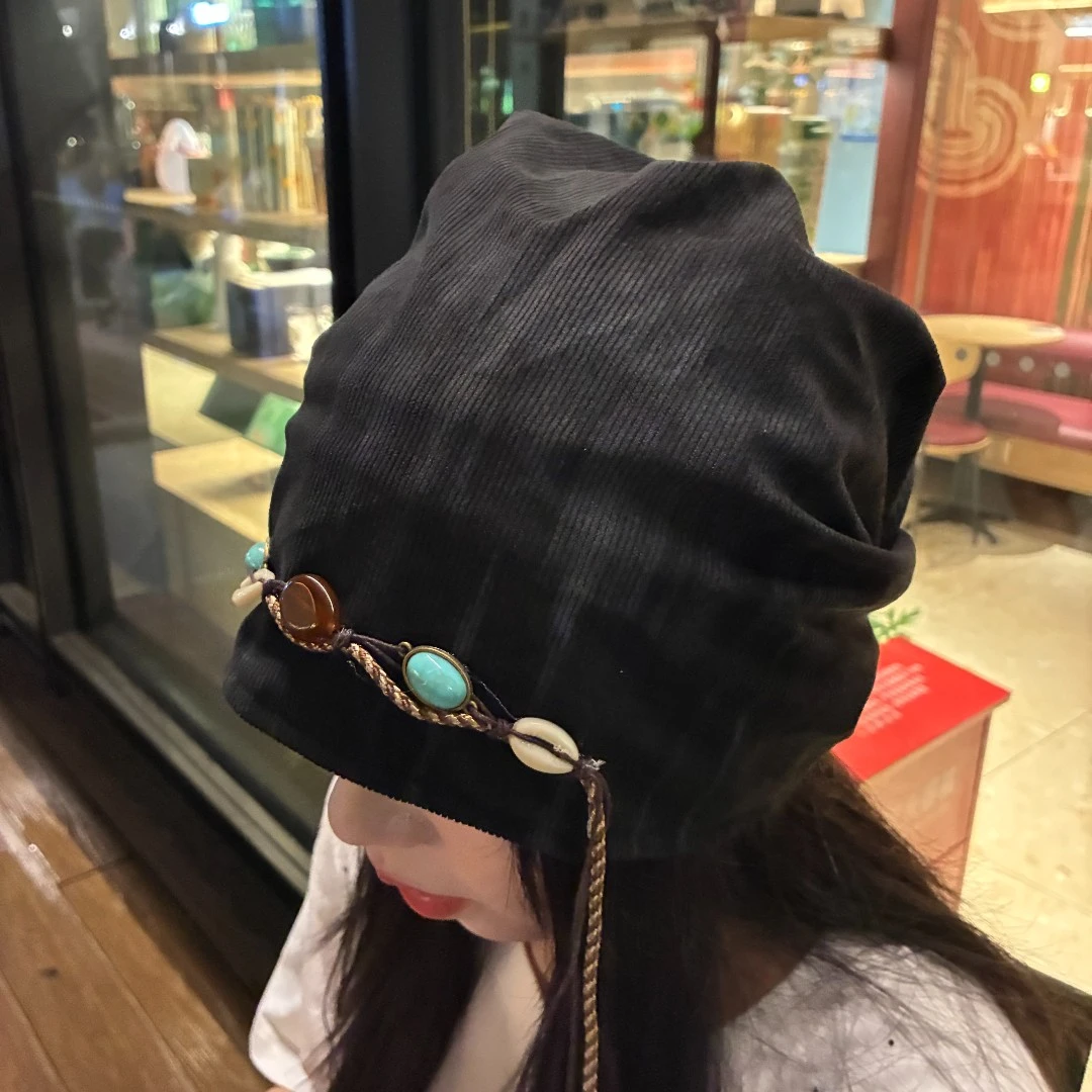 秋季新款女士包头帽复古民族风串珠流苏堆堆帽时尚气质百搭挡风
