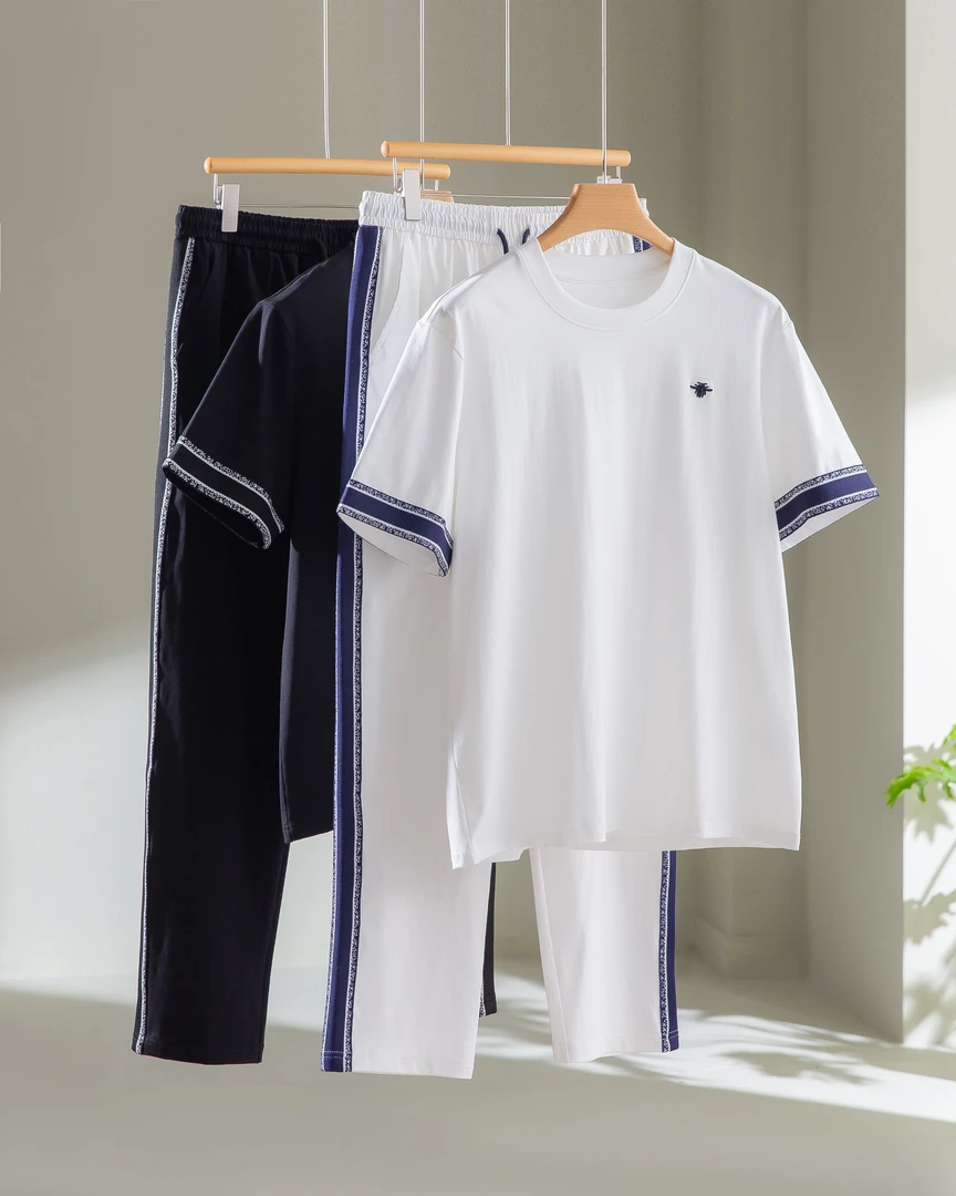 条纹撞色【T恤 长裤】小蜜蜂男士夏季高端埃及棉T恤圆领休闲套装T1