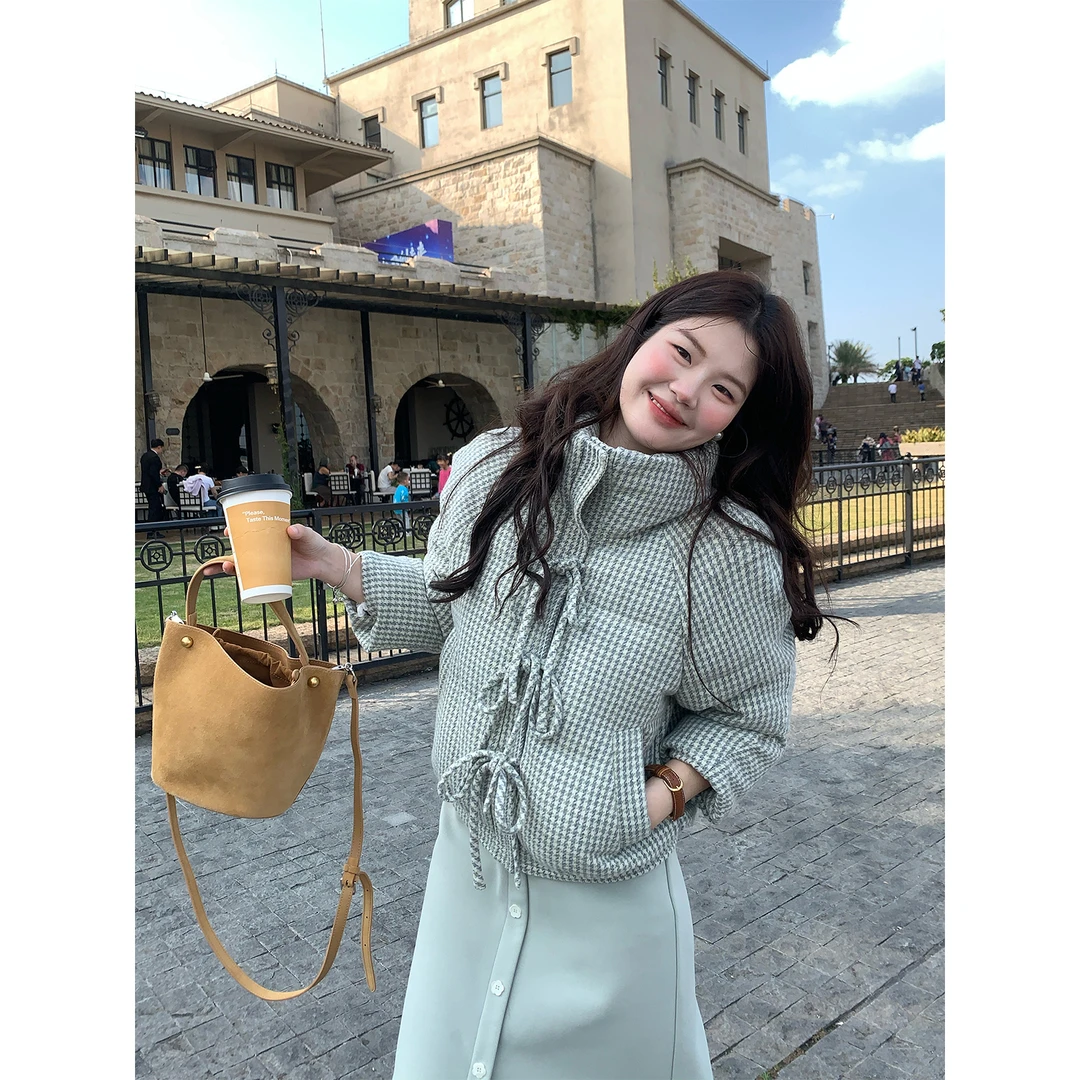 火火【失序松弛】韩版秋冬立领系带格子保暖温柔棉服外套Y38748HH54