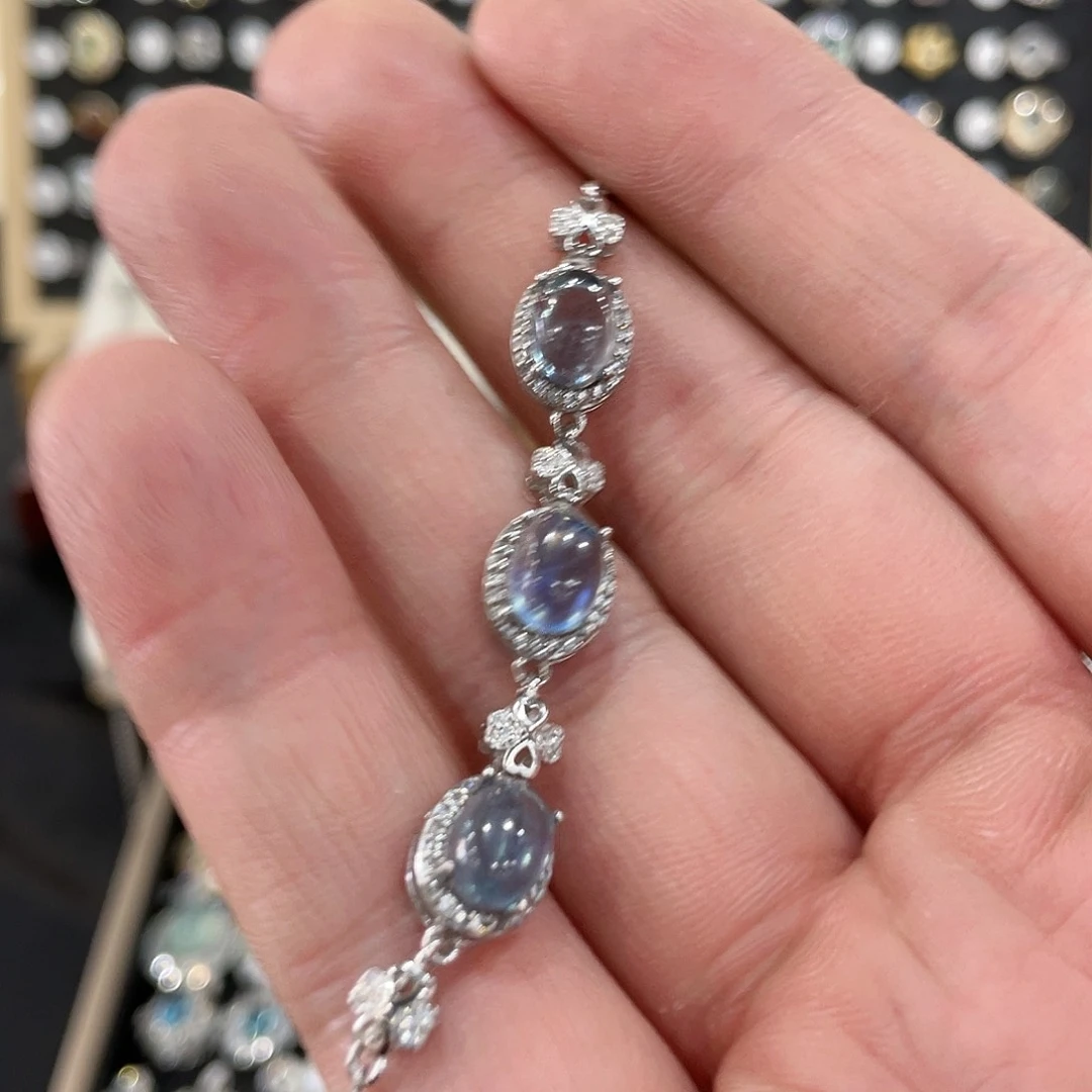 烟晶手链银S925镶嵌海蓝宝手链