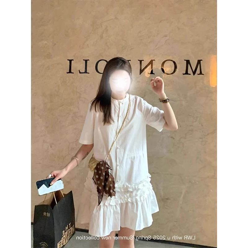 月光少女 休闲简约两色荷叶花边圆领短袖连衣裙女宽松减龄短裙夏