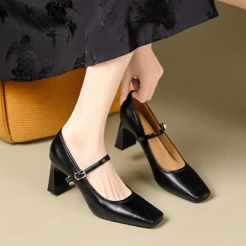 春季法式玛丽珍舒适百搭女鞋软底粗跟皮鞋黑色高跟鞋气质时尚单鞋