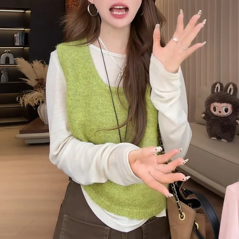 2025春秋季新款韩系小清新软糯百搭圆领长袖T恤+针织背心两件套女