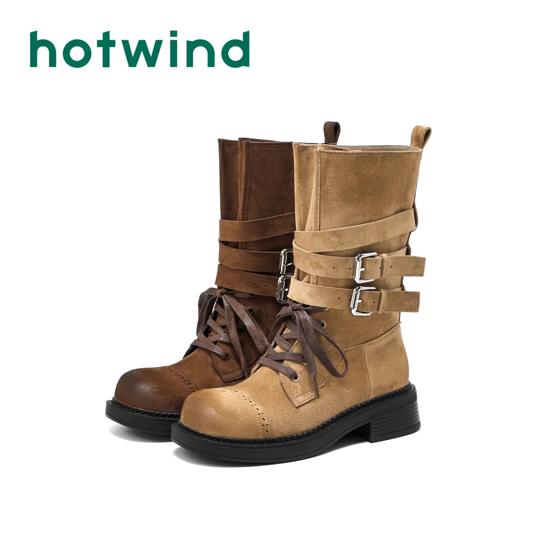 Hotwind/热风复古美拉德中筒靴子女2025新款夏秋季小众粗跟西部