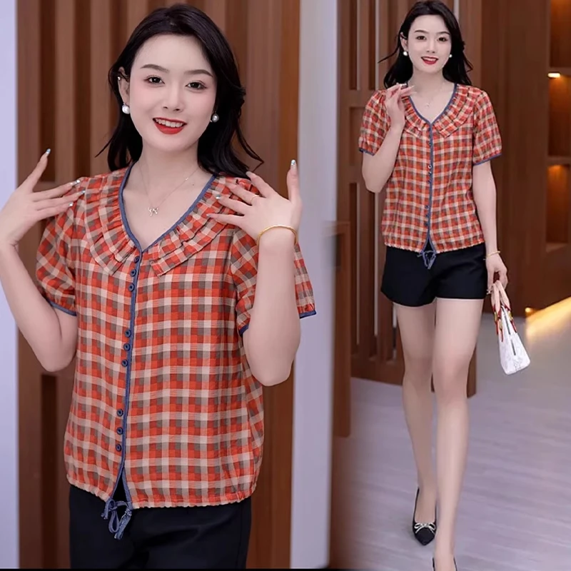 时尚格子衬衫女2025夏季新款小个子洋气显瘦减龄遮肚子娃娃领衬衣