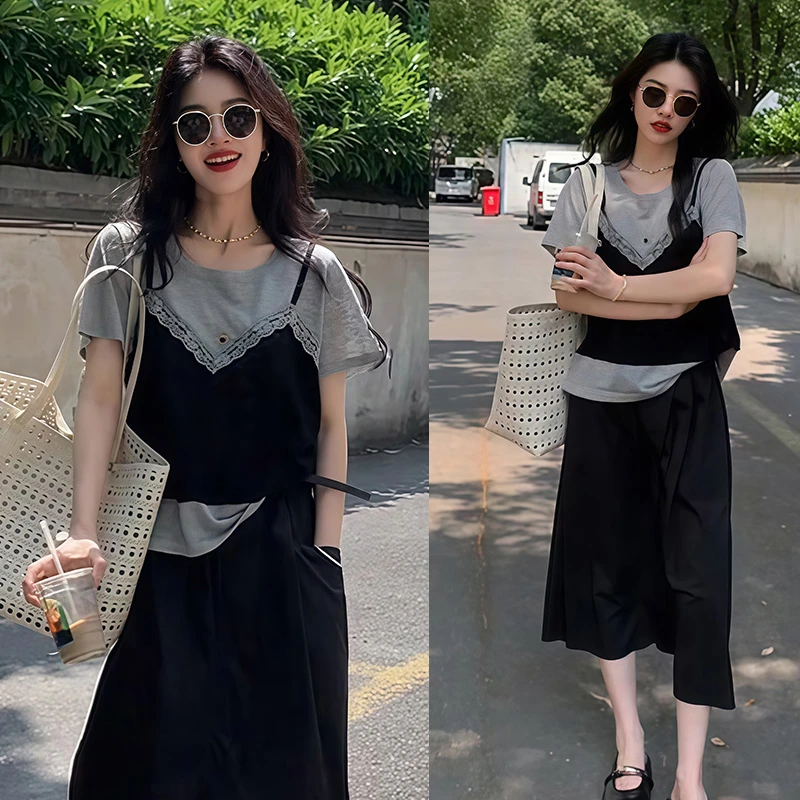韩系时尚减龄两件套女夏季新款拼接假两件短袖上衣遮肉直筒半身裙